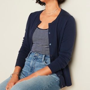 Women’s navy blue crew neck cardigan sweater.
